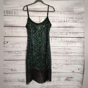 Yessa 1920s Gatsby Flapper Sequin Fringe Dress Emerald Green NWT